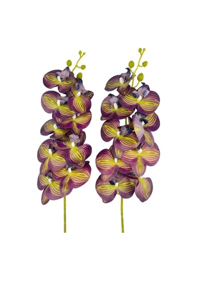 Yapay Çiçek Mor Sarı Çizgi Desenli Islak Orkide Gerçeksi Doku Uzun Dal 90 Cm Çok Renkli