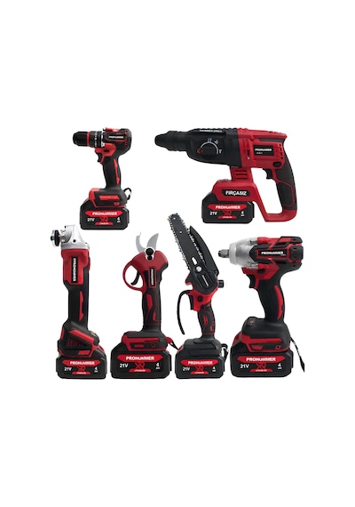 Prohummer Ph338 Profesyonel Kömürsüz Akülü Kırmızı 6lı Set - 21v 4ah Kırıcı Delici, Somun Sıkma, Vidalama, Avuç Taşlama, Dal Budama Makası, Dal Testeresi