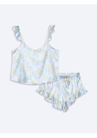 Lcw Dream Mavi V Yaka Saten Kadın Şortlu Pijama Takımı