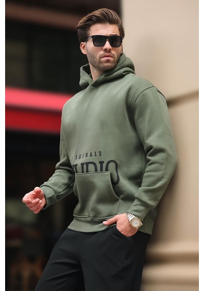 Madmext Haki Kapüşonlu Baskılı Cep Detaylı Sweatshirt E7076 Haki