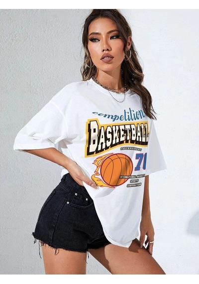 Startmore Kadın Beyaz Basketball Tournament Baskılı Oversize Tişört Beyaz