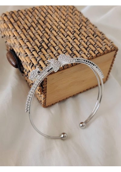 Eva Takı Store Kelebek Yonca Şans İki Sıralı Model Silver Renk Çelik Ayarlanabilir Bileklik Kelepçe Silver