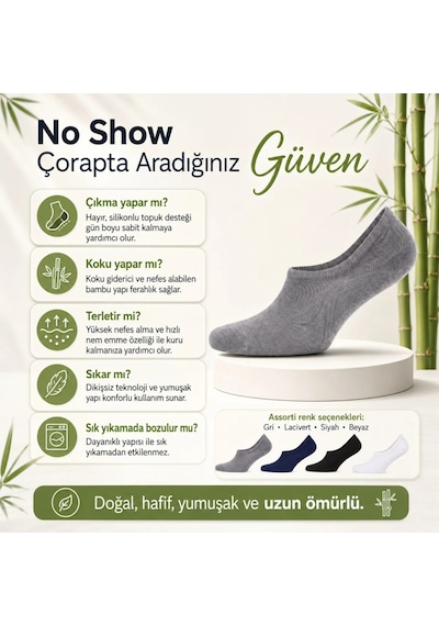 Erkek Bambu 8 Li Babet Çorap Görünmez No Show Dikişsiz Silikon Topuklu Çok Renkli