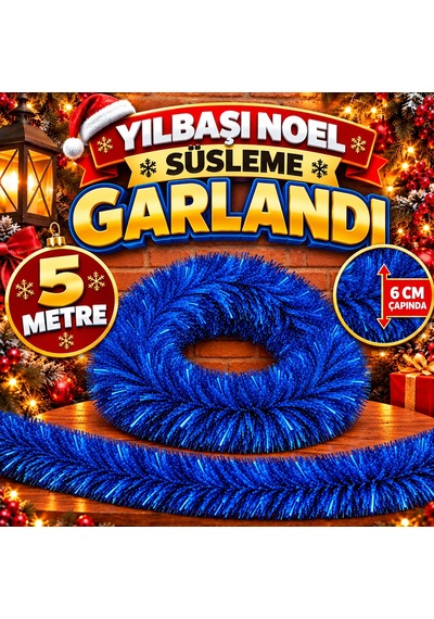 5 Metre Mavi Garland Mavi Çam Dalı 6 Cm Çap Mavi Yılbaşı Garlandı Parlak Metalik Dekor İnce Garland