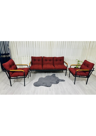 Madame Home Defne Balkon, Bahçe, Cafe - Metal Kanepe Koltuk Takımı - 3+1+1 Bordo
