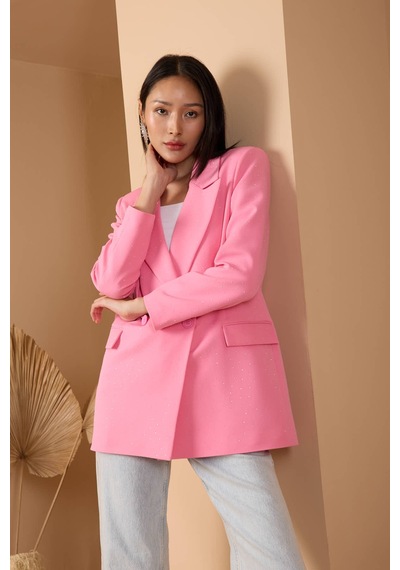 Pembe Regular Dokuma Astarlı Taş Detaylı Blazer Ceket Pembe