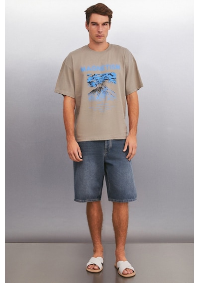 Grimelange Maddox Erkek %100 Organik Pamuklu Baskı Detaylı Kalın Dokulu Oversize Fit Vizon T-shirt