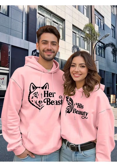 Nevermind Sevgili Çift Kombin Hoodie Set His Beauty Her Beast Baskılı Unise Pembe