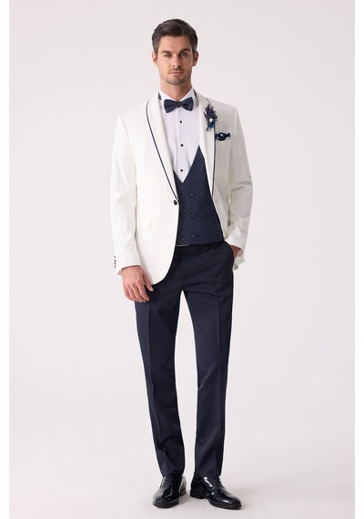 Ysf Erkek Krem Slim Fit Mono Yaka Yelekli Damatlık