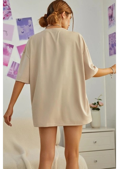 Oversize Unisex Baskısız T-shirt Bej
