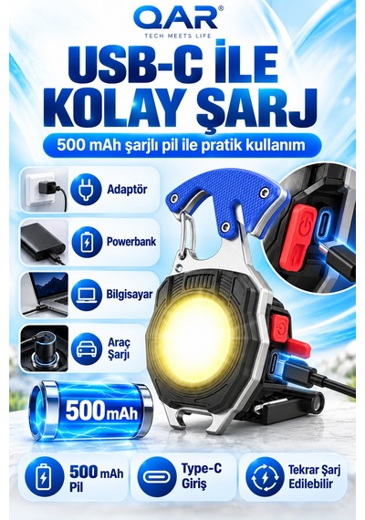 Type-c Şarjlı Çok Fonksiyonlu Mini Led El Feneri Çakmaklı Mıknatıslı Anahtarlık Kamp Lambası Mavi