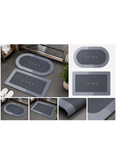 Ekostem 2'li Su Emici Kaymaz Banyo Paspası Seti 40x60 + 50x70 Cm Yıkanabilir Gri