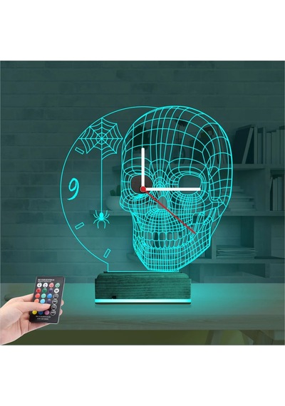 Luvivia Kuru Kafa İskelet Saatli 3d Lamba - Masa Gece Lambası Şeffaf