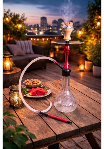 Nargile Takımı 60 Cm Büyük Boy Cam Şişe 17 Cm Çap Modern Kırmızı Gövde Bahçe & Balkon Kullanımına Uygun Şık Nargile