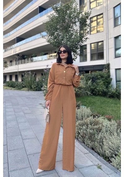 Kadın Taba Uzun Kol, Gömlek Yaka, Beli Lastikli, 4 Cepli, Bilekleri Lastikli, Salaş Tulum Kahve