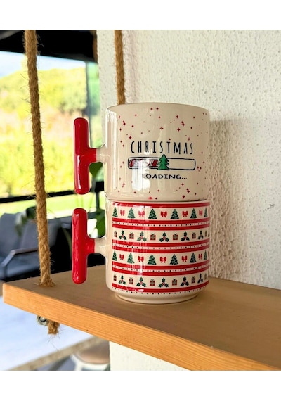 2'li Christmas Yeni Yıl Temalı Kırmızı T Kupa Set Yılbaşı Beyaz