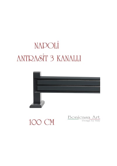 Napoli Ahşap Başlıklı 3 Kanallı Alüminyum Dekoratif Ray Korniş Modern Rustik Antrasit 100 Cm Antrasit