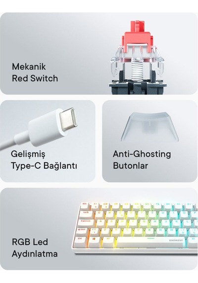 Everest Amber Beyaz Type-c Bağlantılı Rgb Ledli Mekanik Gaming Oy
