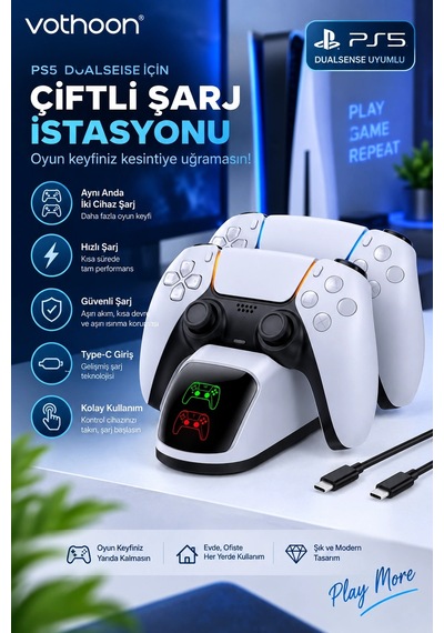 Ps5 Dualsense Uyumlu Çiftli Şarj İstasyonu Hızlı Şarj Standı Led Şarj Göstergeli 1 Adet
