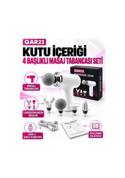 Usb Şarjlı Masaj Tabancası 4 Değiştirilebilir Başlıklı Taşınabilir Kas Masaj Aleti Beyaz