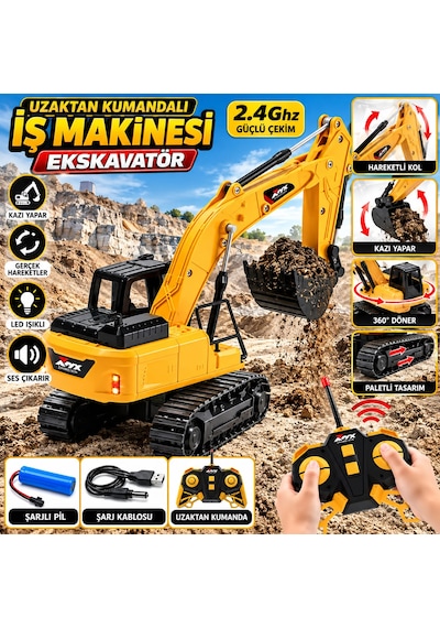 Oyuncak Uzaktan Kumandalı Full Fonksiyon Şarjlı Işıklı Kepçe 360 Derece Dönen Kepçe Model Kazıcı Kepçe Sarı - Siyah