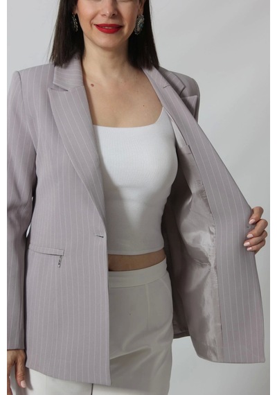 Moda Berray 1906 Gri Çizgili Fermuarlı Cep Aksesuarlı Kadın Büyük Beden Blazer Ceket Gri