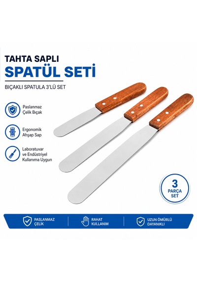 Tahta Saplı Spatül Seti - Bıçaklı Spatula 3lü Set