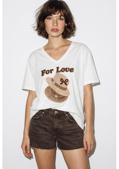 Kadın V Yaka For Love Nakış Ve Boncuk İşlemeli Oversize T-shirt 2240 60286329 - Beyaz