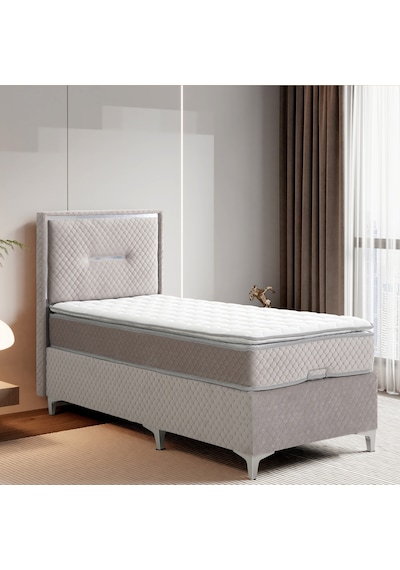 Lina Gri Tek Kişilik Sandıklı Baza + Ortopedik Pedli Yatak + Klapalı Başlık 3 Lü Set 90 x 190 CM