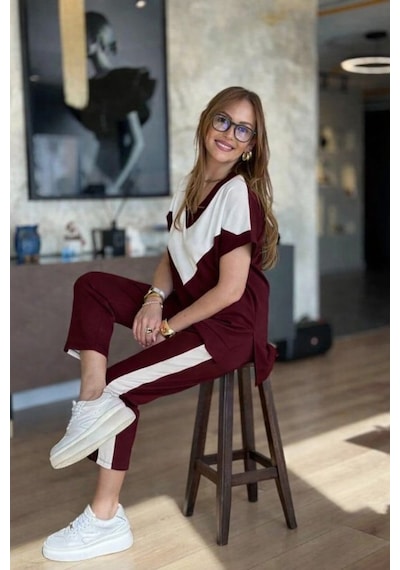 Alyn Wear Kadın Kısa Kollu V Yakalı Çift Renkli Viskon Iki Iplik Ikili Bluz Ve Pantolon Takım Bordo Alyn Wear Kadın Kısa Kollu V Yakalı Çift Renkli Viskon Iki Iplik Ikili Bluz Ve Pantolon Takım Bordo