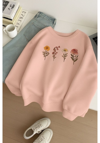 Benroma 3 İplik Penye Çiçek Baskılı Unisex Sweatshırt Pembe