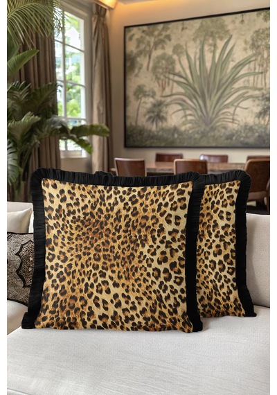 Leopar Desenli Saçaklı Yastık Kılıfı-safari Dokulu Siyah Gold Bohem Püsküllü Kırlent Kılıfı Açık Sisli Lime