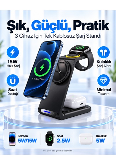 3 Ü 1 Arada 15w Manyetik Kablosuz Şarj Standı Telefon Akıllı Saat Ve Kulaklık Uyumlu Usb-c