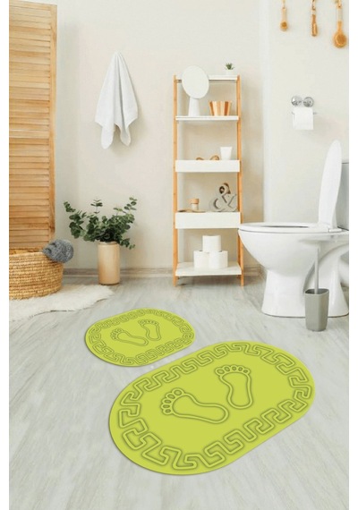 Buççin Online Mağaza Dijital Baskılı Kaymaz Yıkanabilir Ayak Desen Oval Banyo Takımı Klozet Takımı Polyester Yeşil Çok Renkli