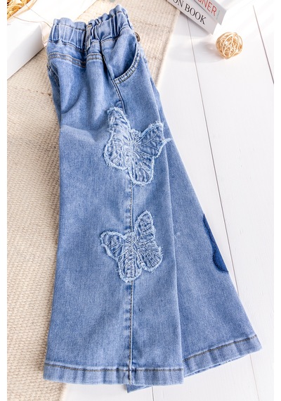 Babymod Kelebek İşlemeli Denim Kız Çocuk Kot Pantolon Mavi