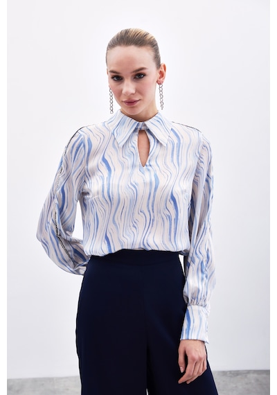Sateen Kol Aksesuarlı Desenli Bluz - Mavi-135916 Mavi