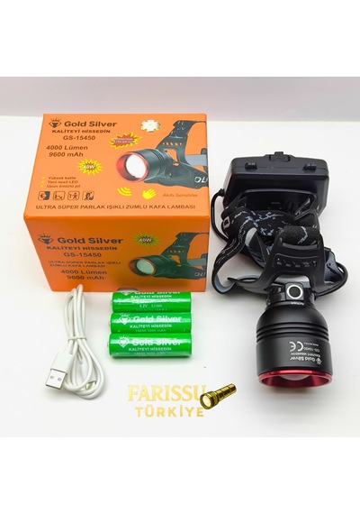 Gold Silver Gs-15450 Ultra Parlak 4000 Lümen Zoomlu Sensörlü Kafa Lambas Yedek Pilli Siyah