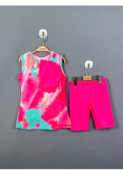 Bilge Trend Kız Çocuk Üst , Bone ,tayt Pembe Tesettür Deniz Havuz Mayo Set Pembe - Turkuaz