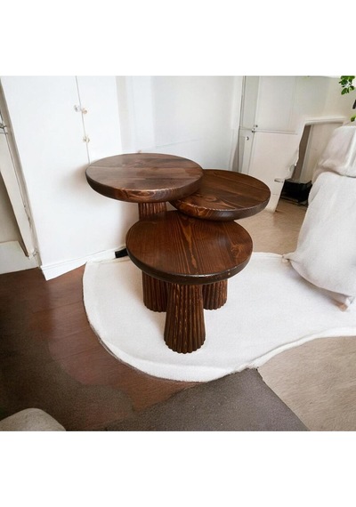 Simillo Wood Wooden Ahşap 3 Lü Set Fitilli Mantar Yan Sehpa Modern Kestane Renk Fiskos Kestane