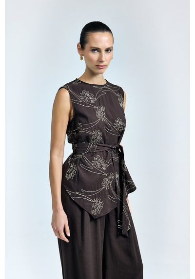 Sateen Dina Bluz - Koyu Kahve-137325