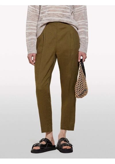 Sisley %100 Keten Beli Lastikli Önü Pileli Pantolon Kadın Yeşil Pantolon - 325p4aghlf00s