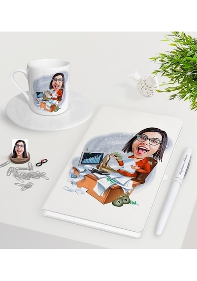 Kişiye Özel Bayan Bankacı Karikatürlü Beyaz Defter Kalem Türk Kah