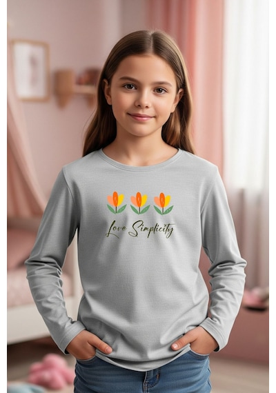 Yuvarlak Yaka Çiçek Baskı Detaylı Kız Çocuk Sweatshirt Gri