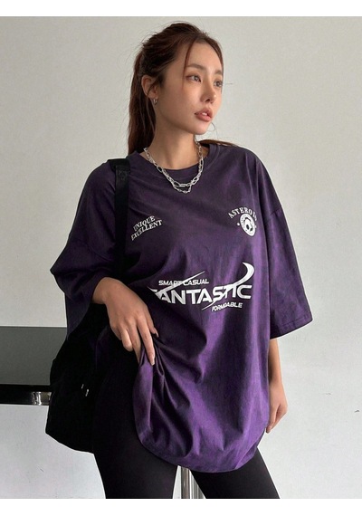 Fantastıc Süprem T-shirt -mor Baskılı Oversize Bisiklet Yaka Tişört Mor