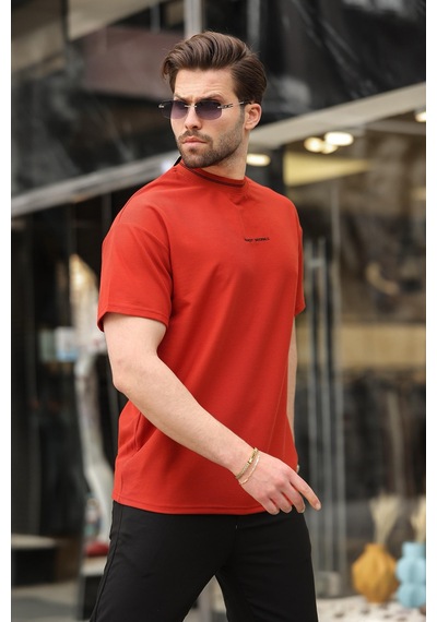 Madmext Kiremit Nakış Detaylı Basic Erkek T-shirt E7106 Kiremit