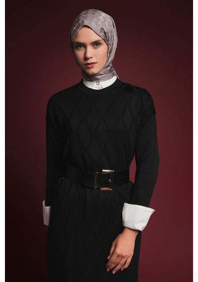 Armine Trend Baklava Desenli Triko Elbise Siyah 25ytd957