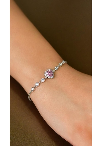 Roza Silver Pembe Taşlı Rodyum Kalp Anturaj Gümüş Bileklik