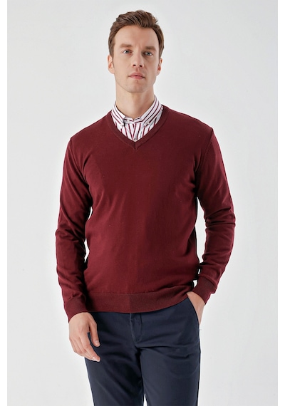 Morven Erkek Koyu Bordo Basic V Yaka Dynamic Fit Rahat Kesim Triko Koyu Bordo