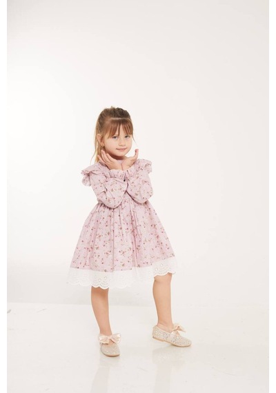 Ketbaby Çiçek Desenli Fisto Elbise 2-8 Yaş Pembe Pembe