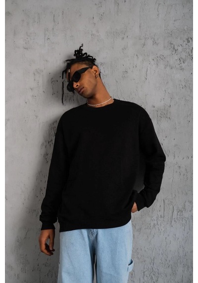 Barlashive Erkek Bisiklet Yaka Baskılı 3 İplik Pamuklu Sweatshirt - Siyah Çok Renkli